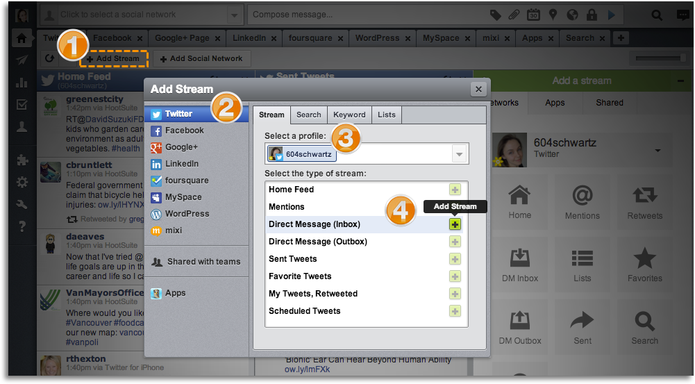 To add a stream to Hootsuite