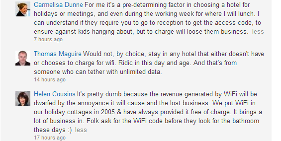 asked my network on LinkedIn about free wifi in hotels